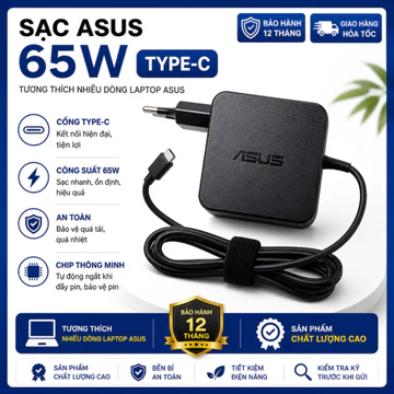 Sạc laptop Asus Type-c 100W - 65W, tặng kèm dây nguồn, Bh 12 tháng, sạc máy tính laptop asus Type-c