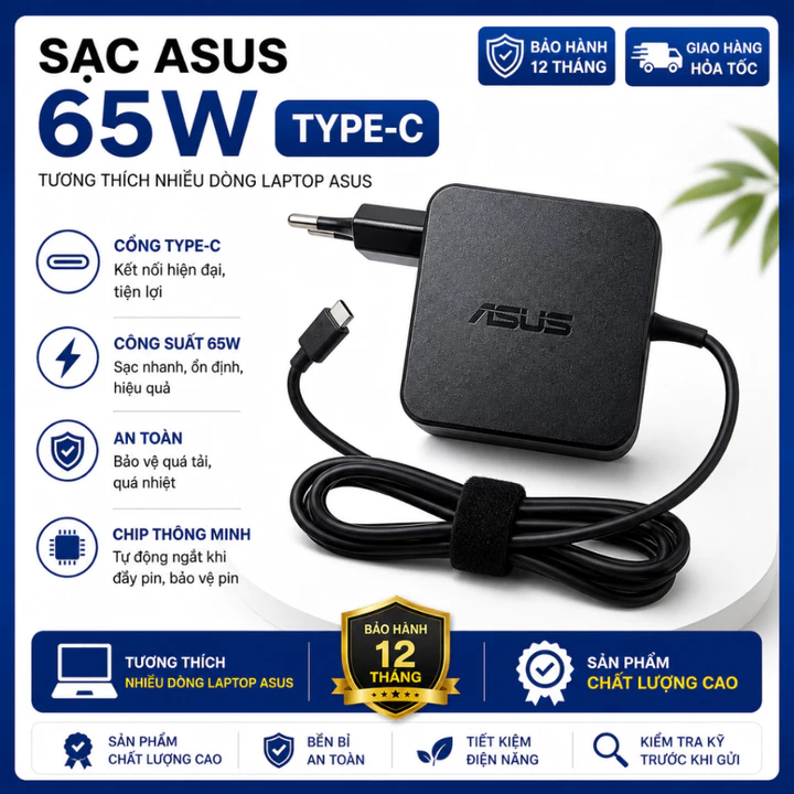 Sạc laptop Asus Type-c 100W - 65W, tặng kèm dây nguồn, Bh 12 tháng, sạc máy tính laptop asus Type-c