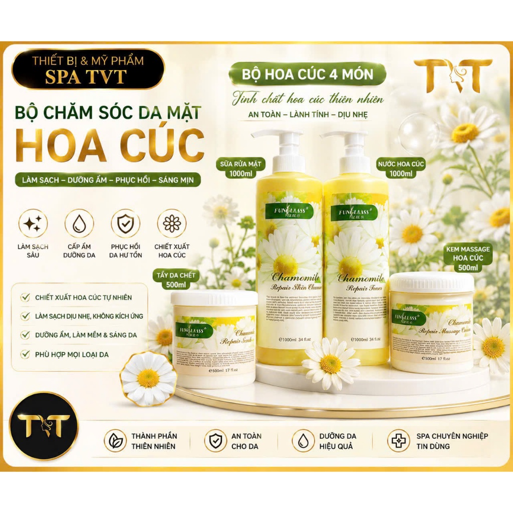 Bộ Hoa Cúc 4 Món Chăm Sóc Da Mặt, Làm Sạch Da, Dưỡng Ẩm, Hỗ Trợ Da Mềm Mịn Và Tươi Sáng