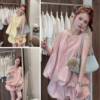 Set Bộ Nữ Áo Sát Nách Form Suông Phối Quần Short Bí Ngô, Set Đồ Tiểu Thư Hàn Quốc Dáng Rộng