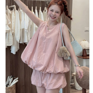 Set Bộ Nữ Áo Sát Nách Form Suông Phối Quần Short Bí Ngô, Set Đồ Tiểu Thư Hàn Quốc Dáng Rộng