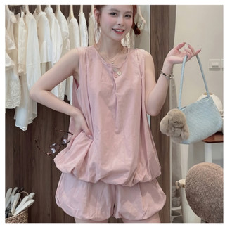 Set Bộ Nữ Áo Sát Nách Form Suông Phối Quần Short Bí Ngô, Set Đồ Tiểu Thư Hàn Quốc Dáng Rộng