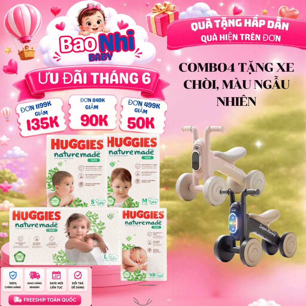[ TẶNG XE CHÒI NGẪU NHIÊN ] COMBO4 GÓI Tã Dán Cao Cấp Huggies Nature Made Size NB/S/M/L