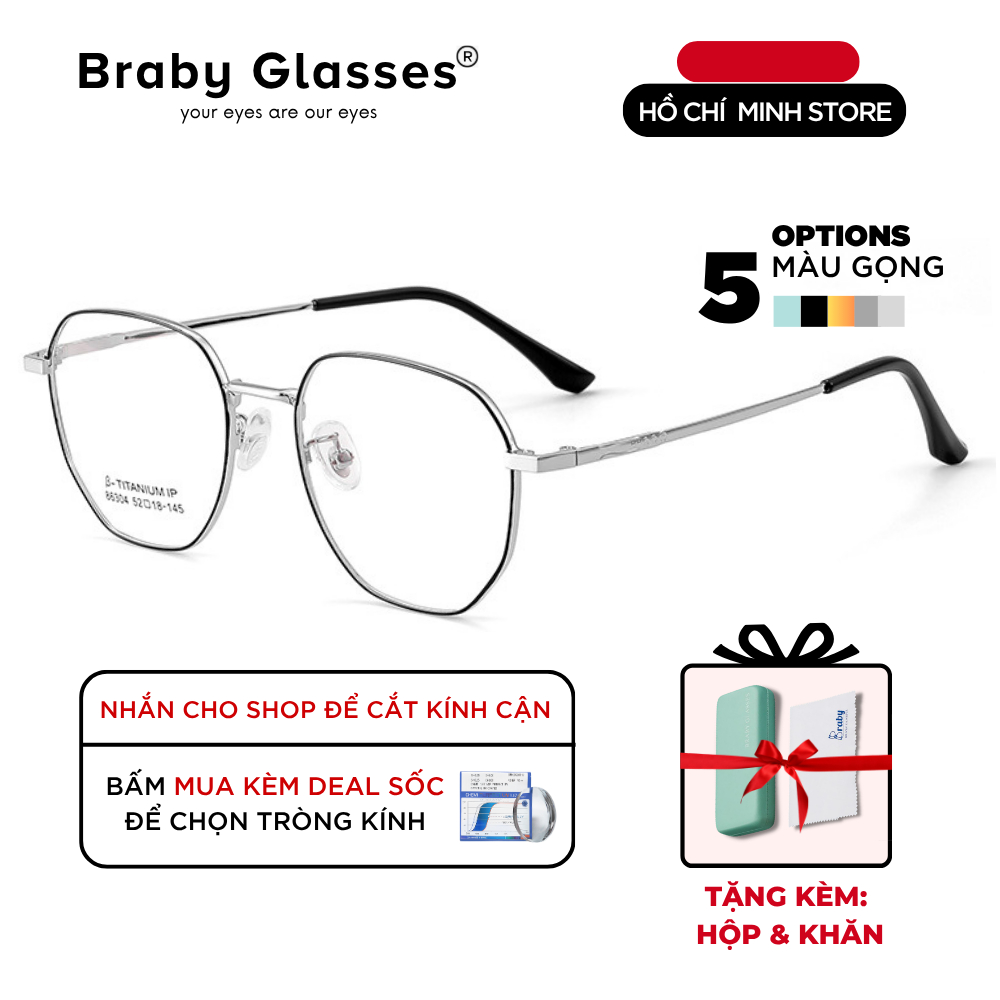 Gọng Kính Cận Dẻo Đa Giác Nam Nữ Braby Glasses Chất Liệu Titanium Gọng Mảnh Siêu Nhẹ Thiết Kế sang Trọng MK99