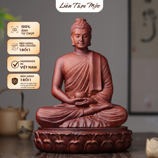 Tượng Phật Thích Ca Ôm Bình Bát, Gỗ Hương Cao 30cm, Chạm Khắc Thủ Công Mỹ Nghệ Cao Cấp Thờ Phật Tại Gia Trang Nghiêm