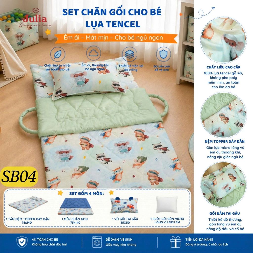 SET CHĂN GỐI ĐI HỌC CHO BÉ – 100% TỪ LỤA TENCEL GỖ SỒI - SET LỤA TENCEL CHĂN GỐI EM BÉ