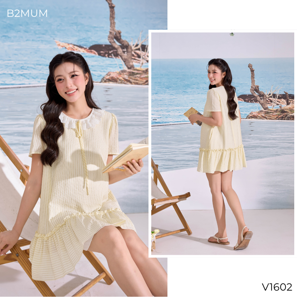 Đầm Bầu, Váy Bầu Suông Cổ Ren, Form Xòe Mềm Mát – Mặc Đi Chơi, Du Lịch, Đi Biển Thoải Mái Roselle Dress V1602 By B2MUM