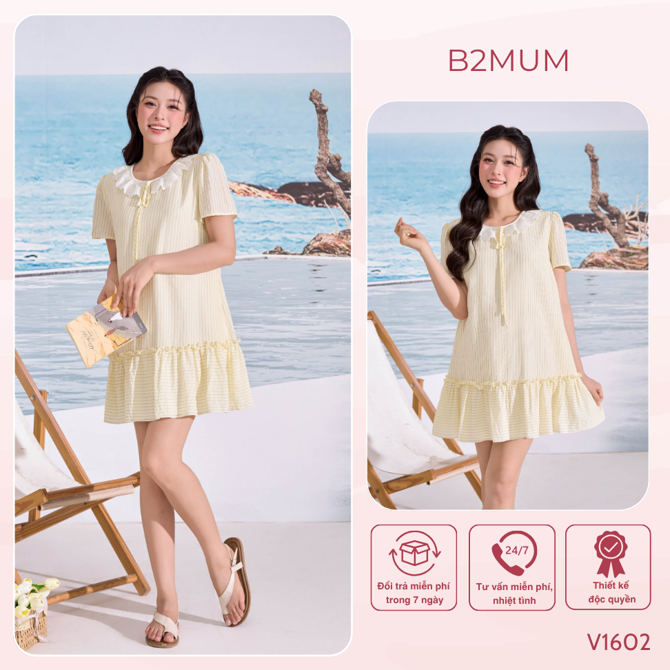 Đầm Bầu, Váy Bầu Suông Cổ Ren, Form Xòe Mềm Mát – Mặc Đi Chơi, Du Lịch, Đi Biển Thoải Mái Roselle Dress V1602 By B2MUM