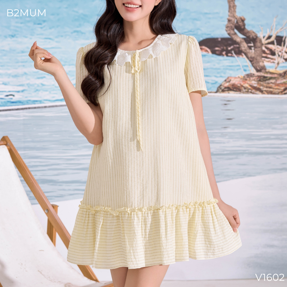 Đầm Bầu, Váy Bầu Suông Cổ Ren, Form Xòe Mềm Mát – Mặc Đi Chơi, Du Lịch, Đi Biển Thoải Mái Roselle Dress V1602 By B2MUM