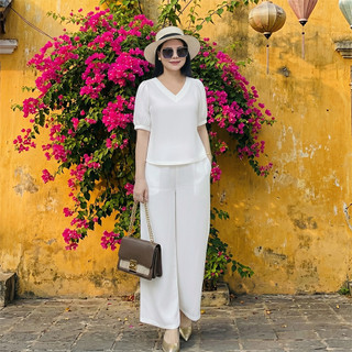Bộ Cổ V, Bộ nữ áo tay ngắn thiết kế cổ V, quần dáng suông lưng thun phía sau, chất vải đũi xước Nhật cao cấp, mềm mát