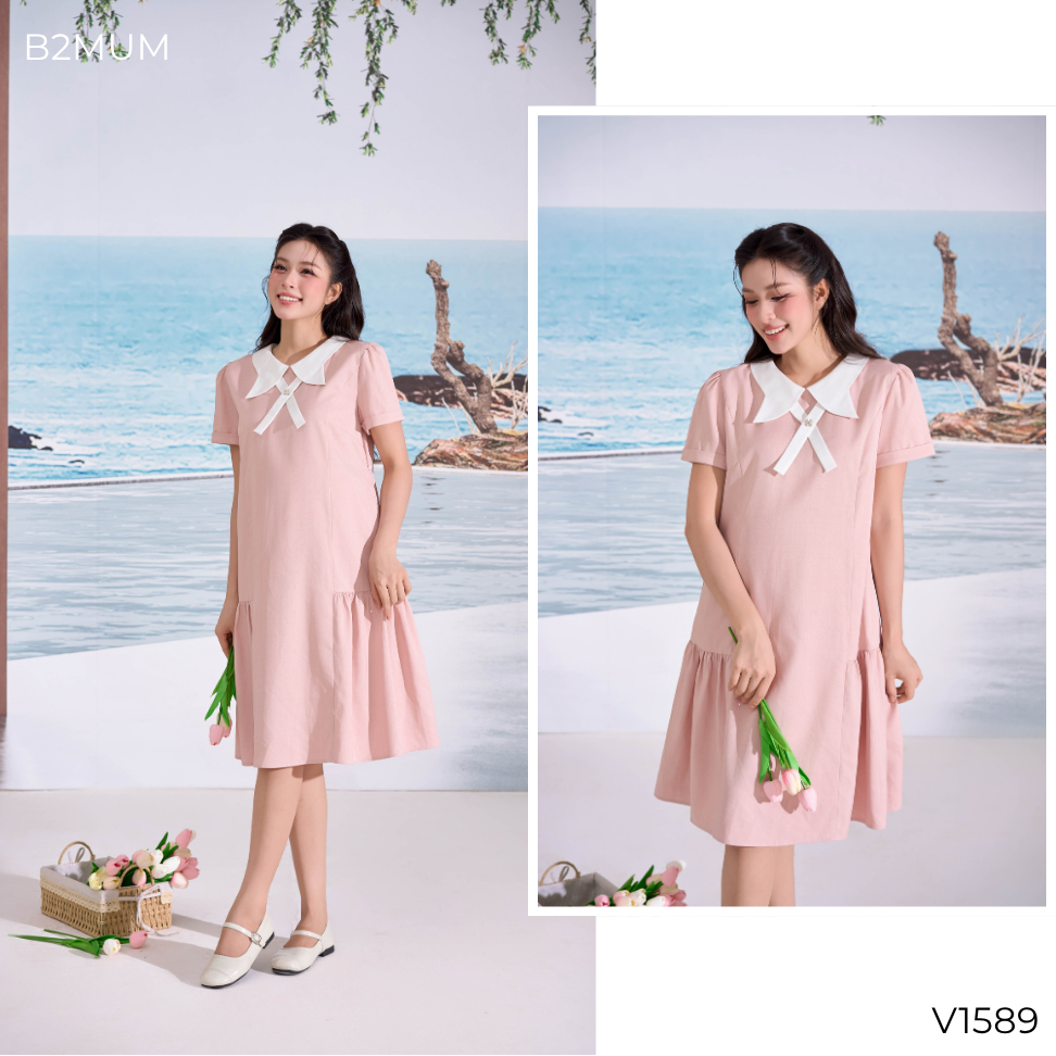 Đầm Bầu Suông Hồng Cổ Sen Phối Nơ Trắng, Dáng Xòe Nhẹ – Mặc Đi Chơi, Đi Làm, Du Lịch Thanh Lịch Avelle Dress V1589 B2MUM