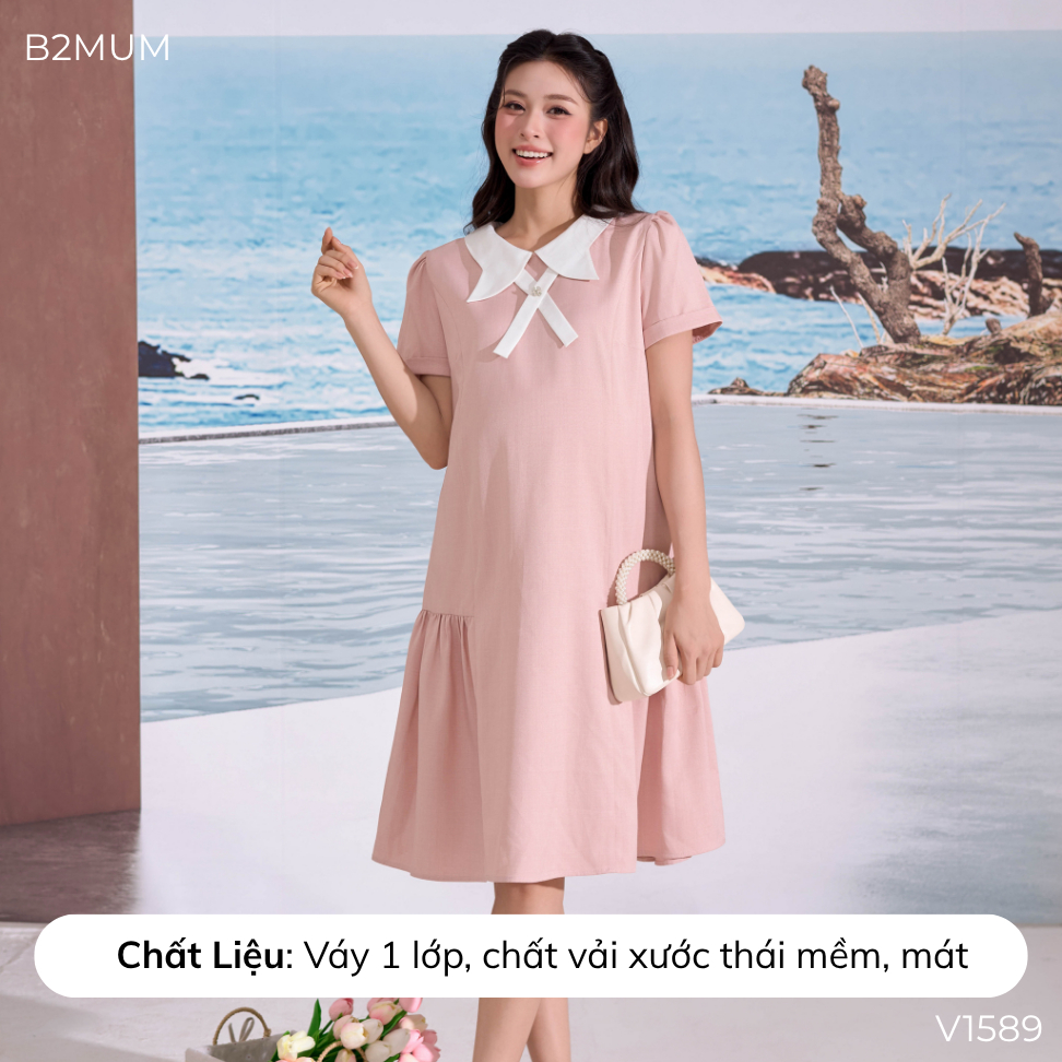 Đầm Bầu Suông Hồng Cổ Sen Phối Nơ Trắng, Dáng Xòe Nhẹ – Mặc Đi Chơi, Đi Làm, Du Lịch Thanh Lịch Avelle Dress V1589 B2MUM