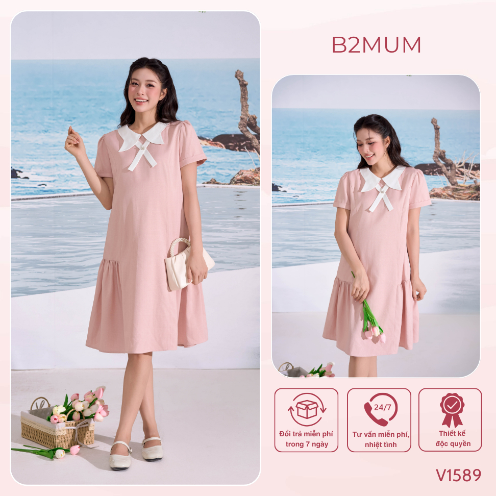 Đầm Bầu Suông Hồng Cổ Sen Phối Nơ Trắng, Dáng Xòe Nhẹ – Mặc Đi Chơi, Đi Làm, Du Lịch Thanh Lịch Avelle Dress V1589 B2MUM