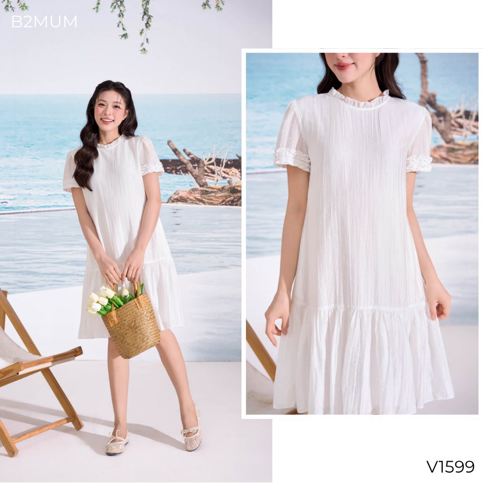 Váy Bầu Trắng Tơ 2 Lớp Nhún Bèo, Form Suông Rộng Thoải Mái–Váy Bầu Đi Chơi, Chụp Ảnh, Dự Tiệc  Mirelle Dress V1599 B2MUM