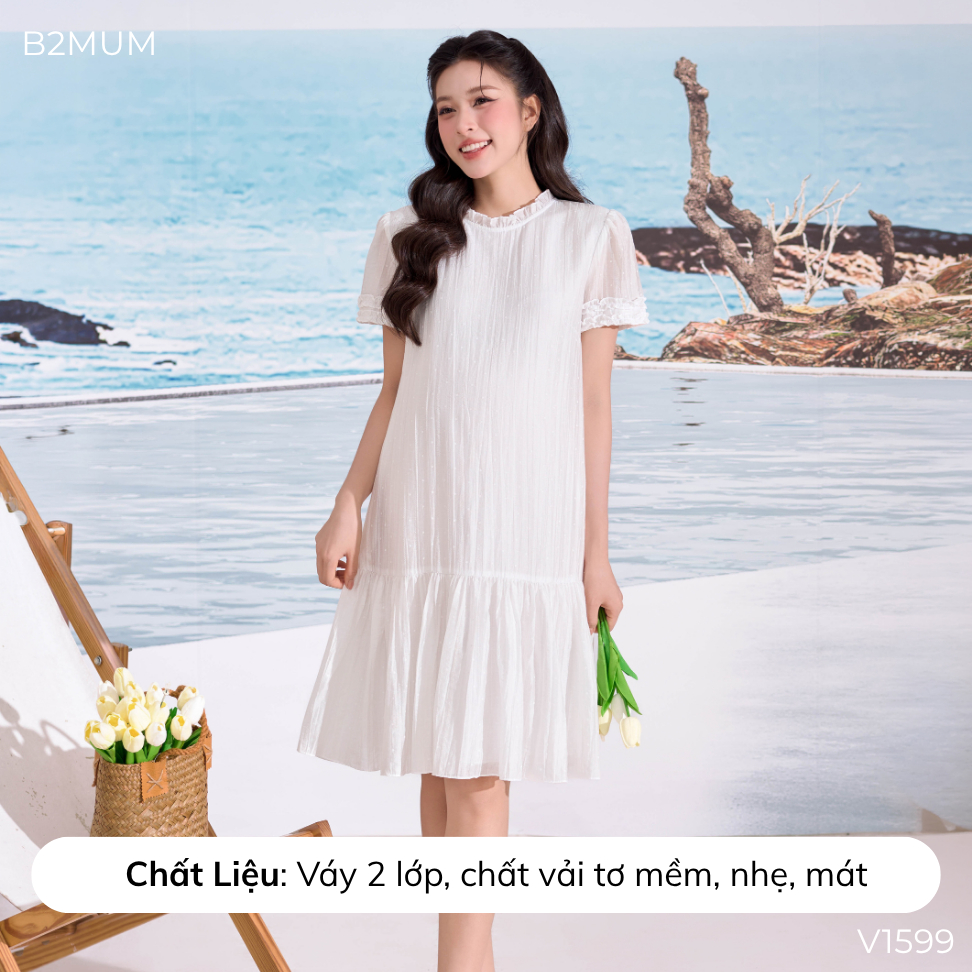 Váy Bầu Trắng Tơ 2 Lớp Nhún Bèo, Form Suông Rộng Thoải Mái–Váy Bầu Đi Chơi, Chụp Ảnh, Dự Tiệc  Mirelle Dress V1599 B2MUM