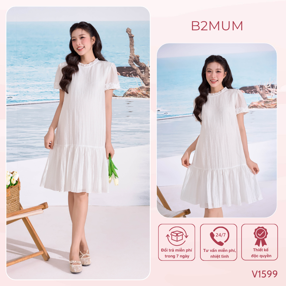 Váy Bầu Trắng Tơ 2 Lớp Nhún Bèo, Form Suông Rộng Thoải Mái–Váy Bầu Đi Chơi, Chụp Ảnh, Dự Tiệc  Mirelle Dress V1599 B2MUM