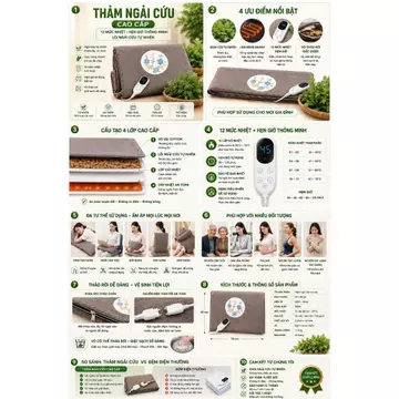 Thảm Sưởi Điện Ngải Cứu Thảo Dược Cao Cấp – Đệm Sưởi Đông Y Chườm Nóng Lưng, Thảm Sưởi Ấm Toàn Thân
