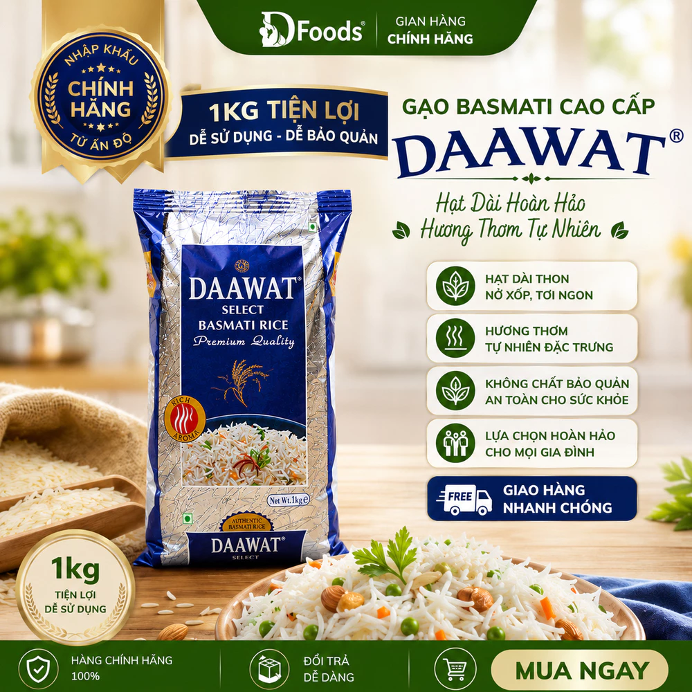 Gạo Basmati India Daawat 1kg Ấn Độ ngăn ngừa tiểu đường