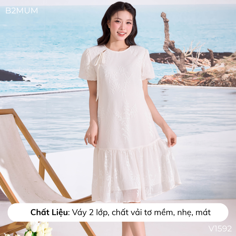 Váy Bầu Trắng 2 Lớp, Form Suông Đuôi Cá – Đầm Bầu Đi Chơi, Chụp Ảnh, Dự Tiệc Nhẹ Nhàng Elara Dress V1592 By B2MUM