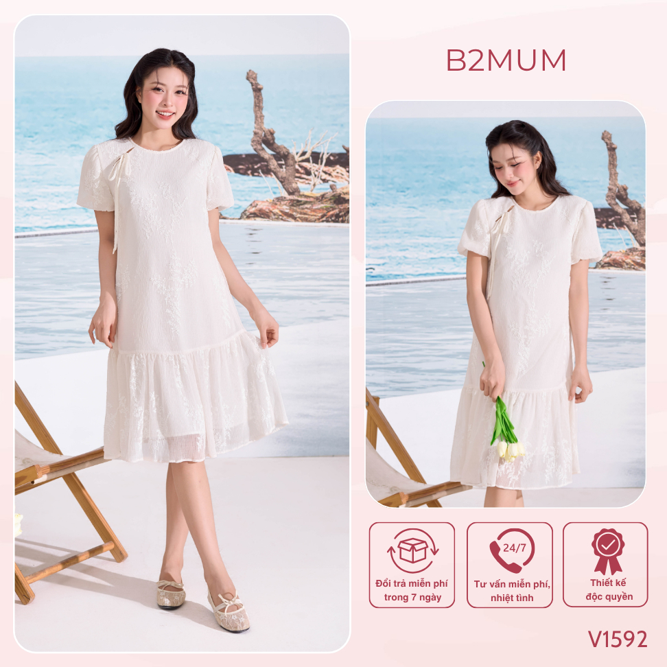 Váy Bầu Trắng 2 Lớp, Form Suông Đuôi Cá – Đầm Bầu Đi Chơi, Chụp Ảnh, Dự Tiệc Nhẹ Nhàng Elara Dress V1592 By B2MUM