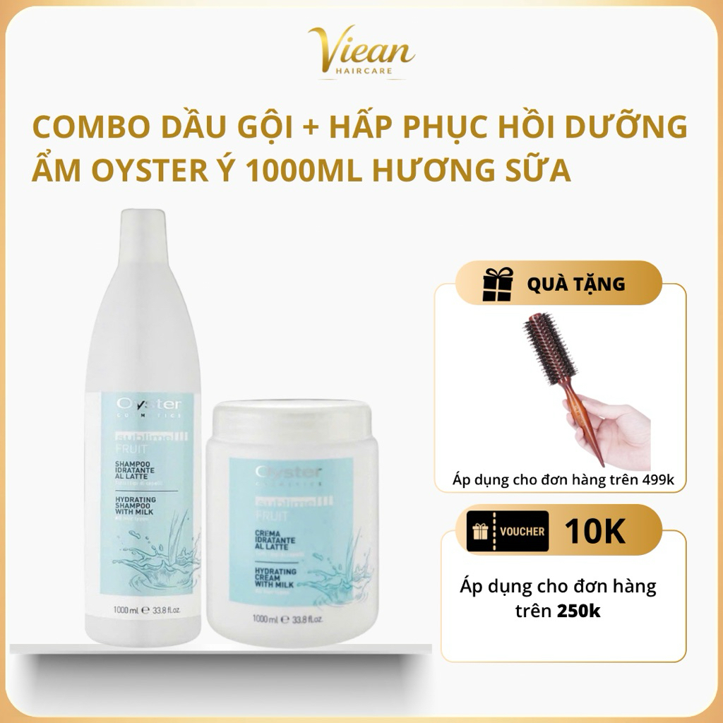 Bộ Dầu Gội + Kem Ủ OYSTER Hydrating With Milk 1000ML Chính Hãng Ý | Phục Hồi Tóc Khô Xơ, Dưỡng Ẩm