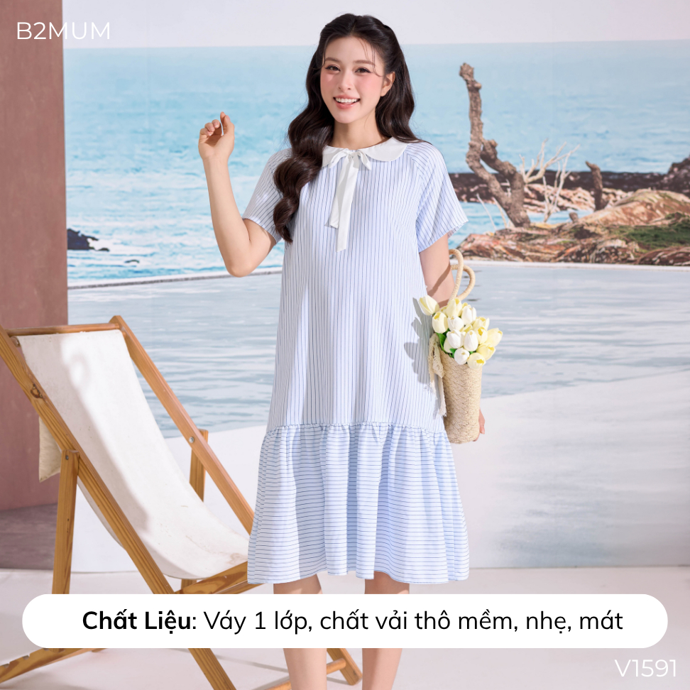 Váy Bầu Suông Cổ Peter Pan Kẻ Sọc Xanh Thanh Lịch - Đầm Bầu Dạo Phố Đi Làm Thoải Mái Isla Dress V1591 By B2MUM