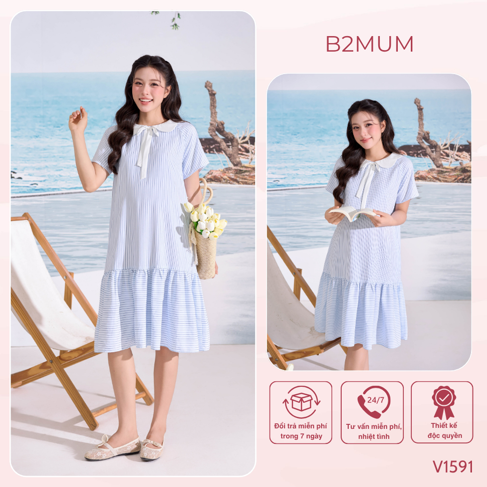 Váy Bầu Suông Cổ Peter Pan Kẻ Sọc Xanh Thanh Lịch - Đầm Bầu Dạo Phố Đi Làm Thoải Mái Isla Dress V1591 By B2MUM