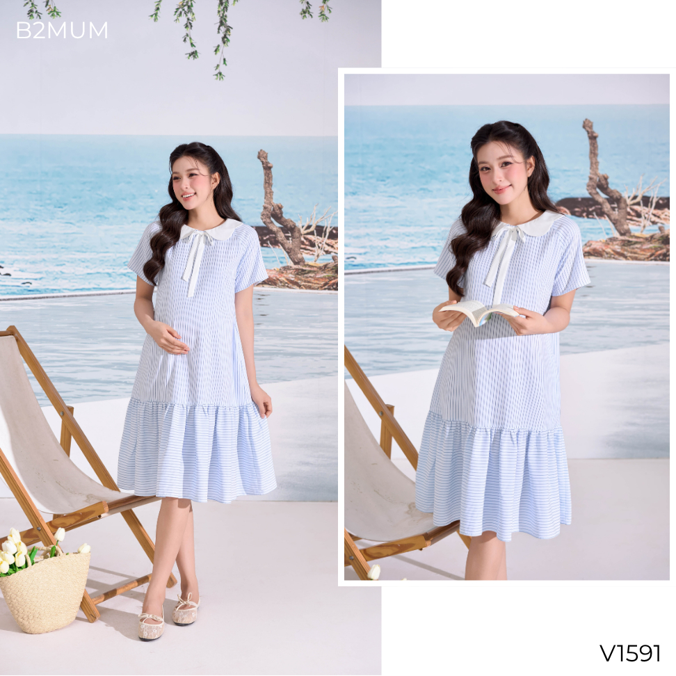 Váy Bầu Suông Cổ Peter Pan Kẻ Sọc Xanh Thanh Lịch - Đầm Bầu Dạo Phố Đi Làm Thoải Mái Isla Dress V1591 By B2MUM