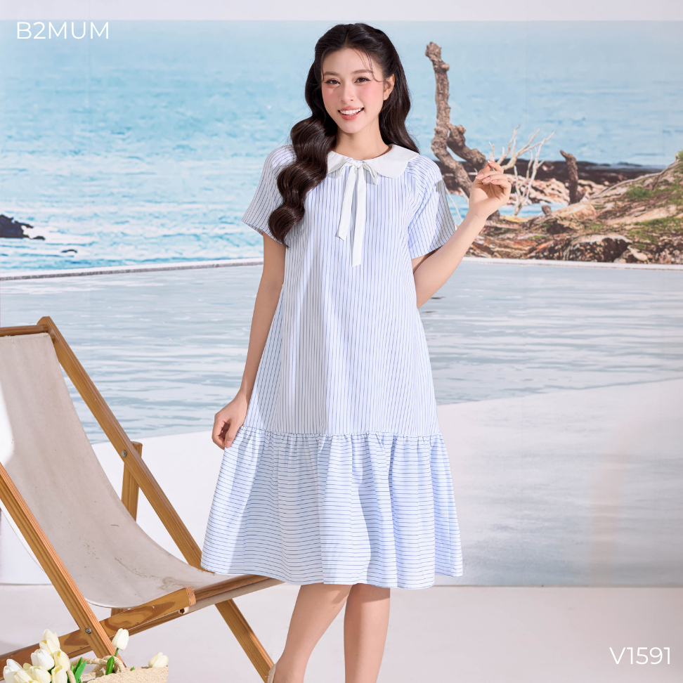 Váy Bầu Suông Cổ Peter Pan Kẻ Sọc Xanh Thanh Lịch - Đầm Bầu Dạo Phố Đi Làm Thoải Mái Isla Dress V1591 By B2MUM
