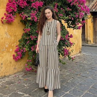 Bộ Sát Nách Kẻ Sọc, Bộ nữ thiết kế hoạ tiết kẻ sọc, áo sát nách, quần giả váy lưng thun, chất vải lụa mango không nhăn