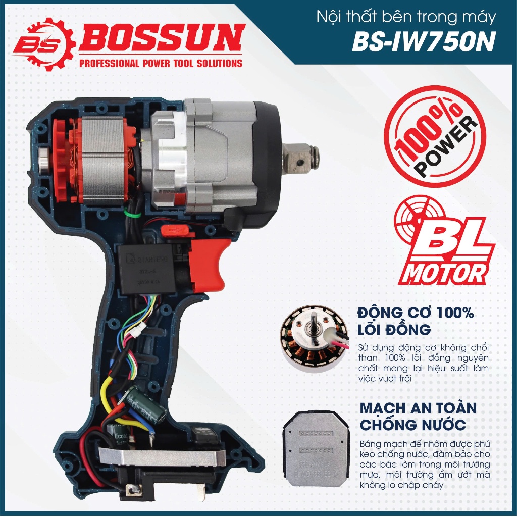 Máy Bắn Bu Lông Pin BOSSUN BS-IW750N 21V 750Nm Không Chổi Than, Đầu 1/2 Inch, Đèn LED, Chuyên Nghiệp