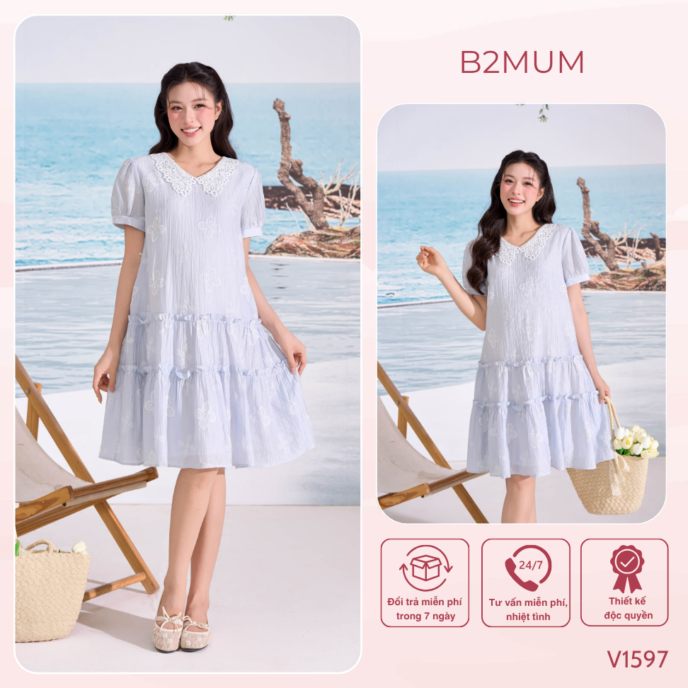 Váy Bầu Xòe Chất Tơ Mềm, Nhẹ, Mát Phối Cổ Ren - Đầm Bầu Đi Làm Dạo Phố Thoải Mái Suốt Thai Kỳ Neria Dress V1597 By B2MUM