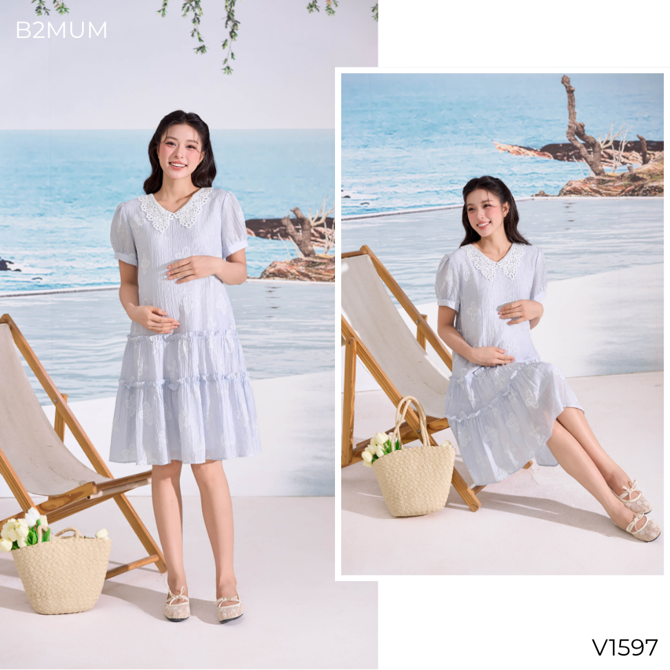 Váy Bầu Xòe Chất Tơ Mềm, Nhẹ, Mát Phối Cổ Ren - Đầm Bầu Đi Làm Dạo Phố Thoải Mái Suốt Thai Kỳ Neria Dress V1597 By B2MUM