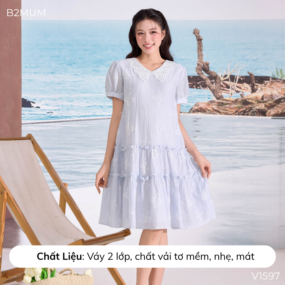 Váy Bầu Xòe Chất Tơ Mềm, Nhẹ, Mát Phối Cổ Ren - Đầm Bầu Đi Làm Dạo Phố Thoải Mái Suốt Thai Kỳ Neria Dress V1597 By B2MUM