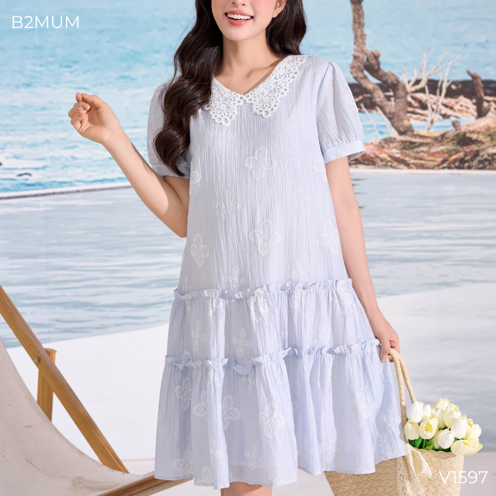 Váy Bầu Xòe Chất Tơ Mềm, Nhẹ, Mát Phối Cổ Ren - Đầm Bầu Đi Làm Dạo Phố Thoải Mái Suốt Thai Kỳ Neria Dress V1597 By B2MUM