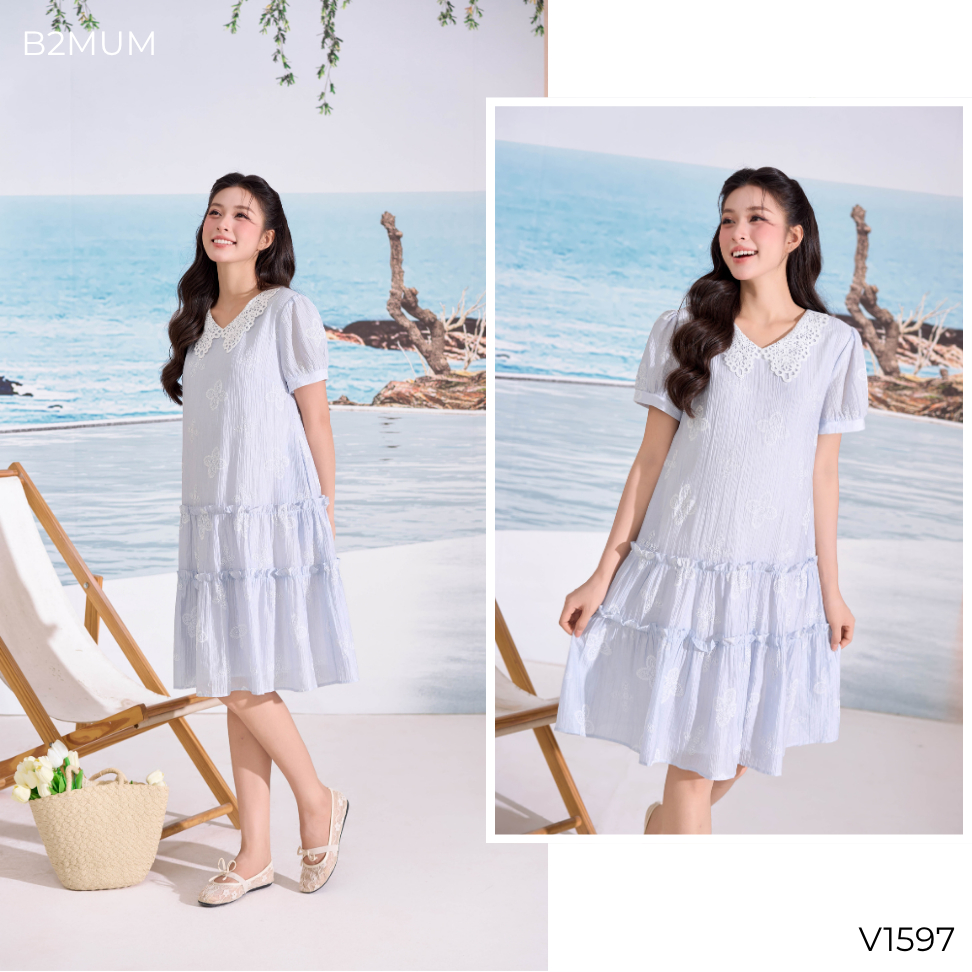 Váy Bầu Xòe Chất Tơ Mềm, Nhẹ, Mát Phối Cổ Ren - Đầm Bầu Đi Làm Dạo Phố Thoải Mái Suốt Thai Kỳ Neria Dress V1597 By B2MUM