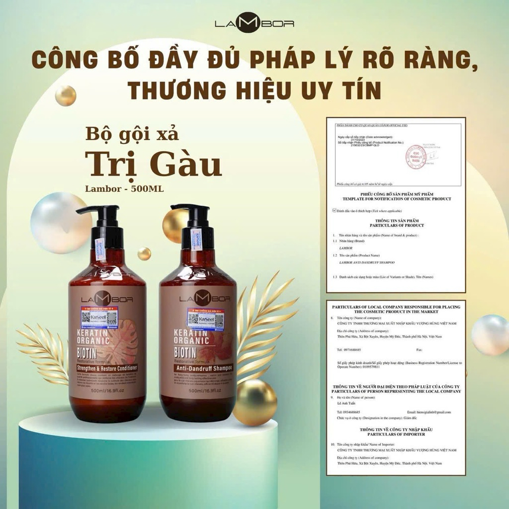 Combo Dầu Gội Xả Lambor Keratin 500ml, 1000ml Giảm Gàu, Kiềm Dầu, Phục Hồi Chuyên Sâu