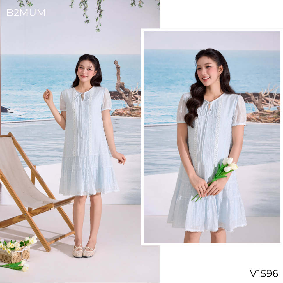Váy Bầu Suông Thêu Hoa Phối Ren Cổ Buộc Nơ Thanh Lịch - Đầm Bầu Đi Làm Dạo Phố Thoải Mái Soleil Dress V1596 By B2MUM