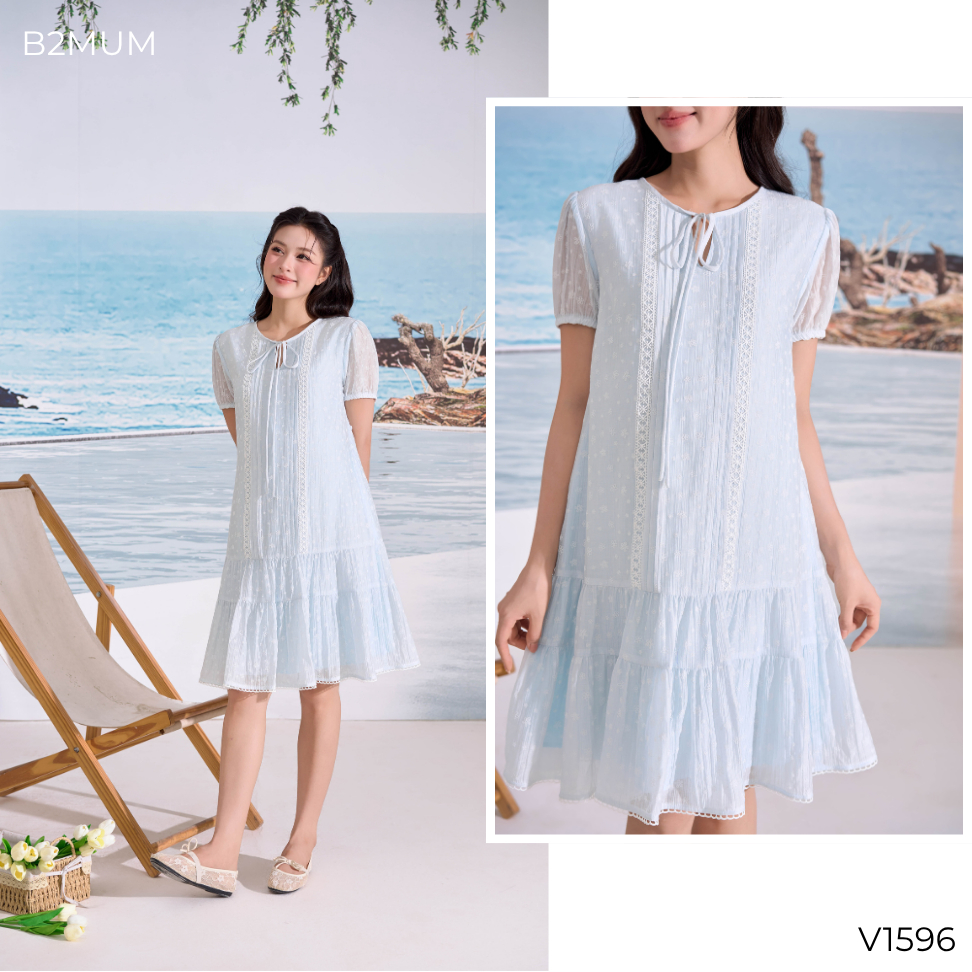 Váy Bầu Suông Thêu Hoa Phối Ren Cổ Buộc Nơ Thanh Lịch - Đầm Bầu Đi Làm Dạo Phố Thoải Mái Soleil Dress V1596 By B2MUM