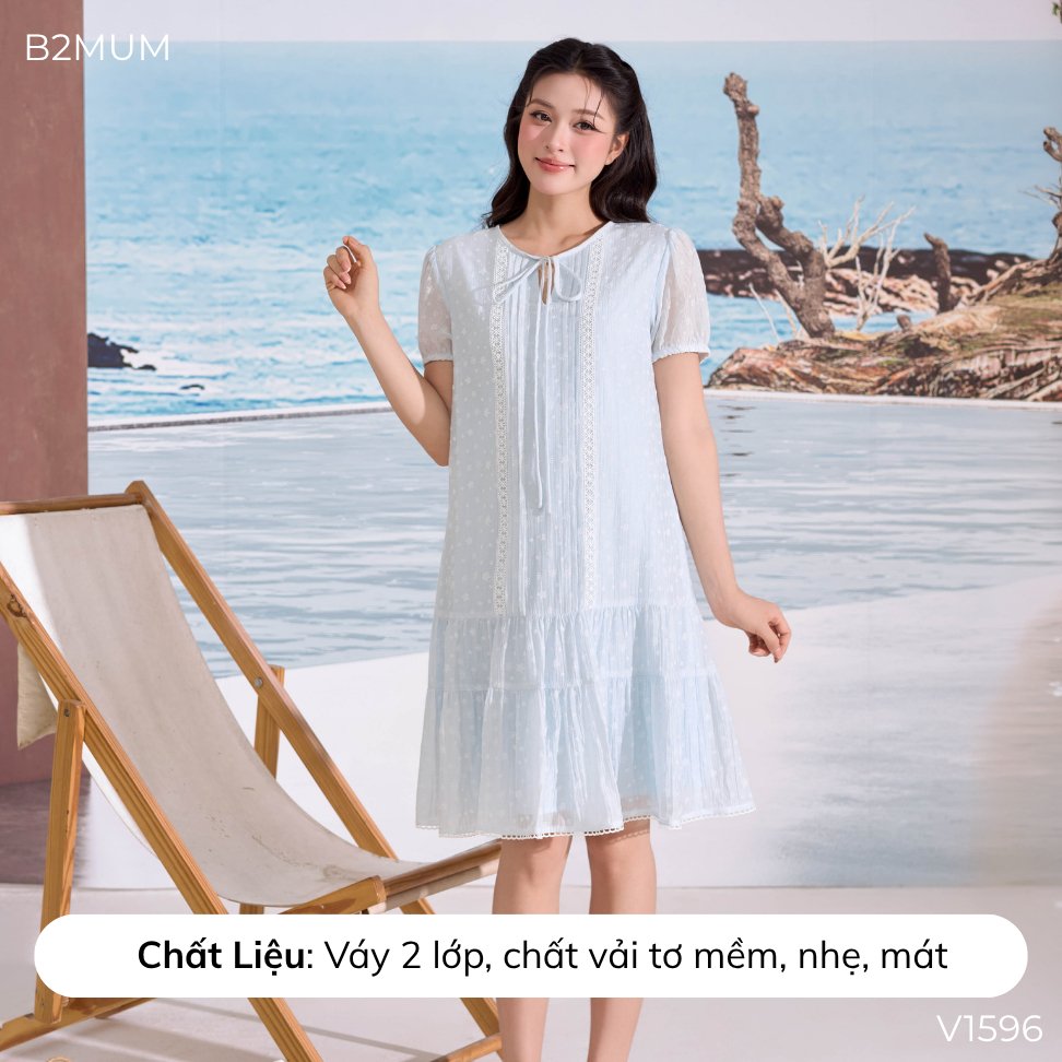 Váy Bầu Suông Thêu Hoa Phối Ren Cổ Buộc Nơ Thanh Lịch - Đầm Bầu Đi Làm Dạo Phố Thoải Mái Soleil Dress V1596 By B2MUM