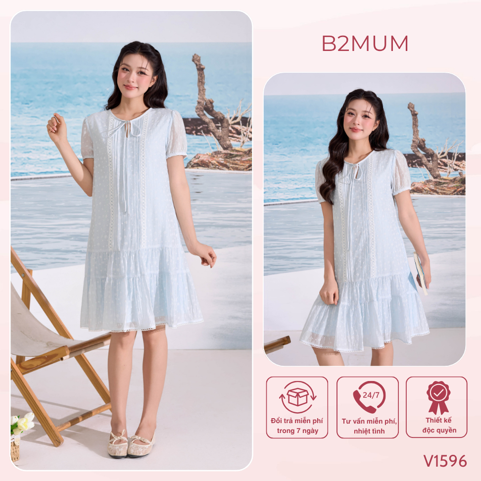 Váy Bầu Suông Thêu Hoa Phối Ren Cổ Buộc Nơ Thanh Lịch - Đầm Bầu Đi Làm Dạo Phố Thoải Mái Soleil Dress V1596 By B2MUM