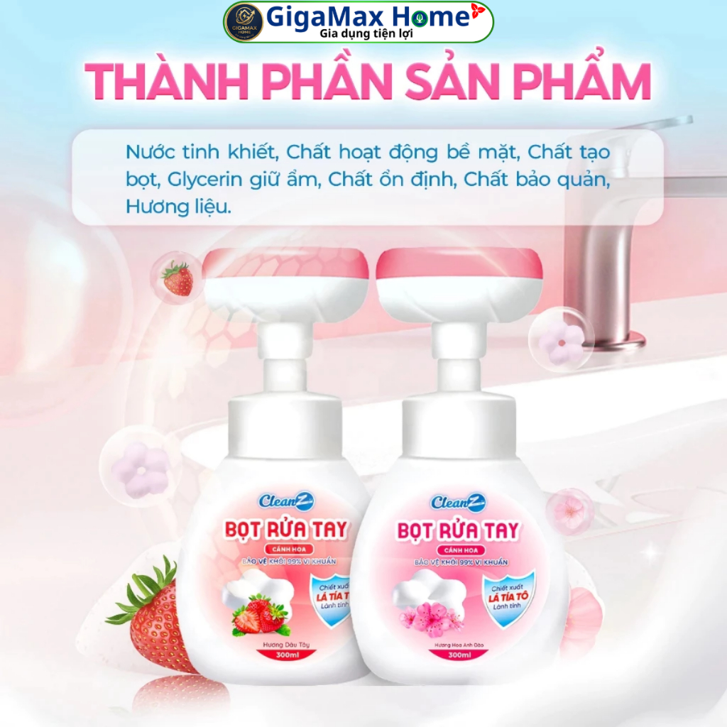 Bọt Rửa Tay Kháng Khuẩn CleanZ 350ml – Sạch Khuẩn 99.9%, Dưỡng Ẩm Mềm Mại Da Tay | GigaMax Home