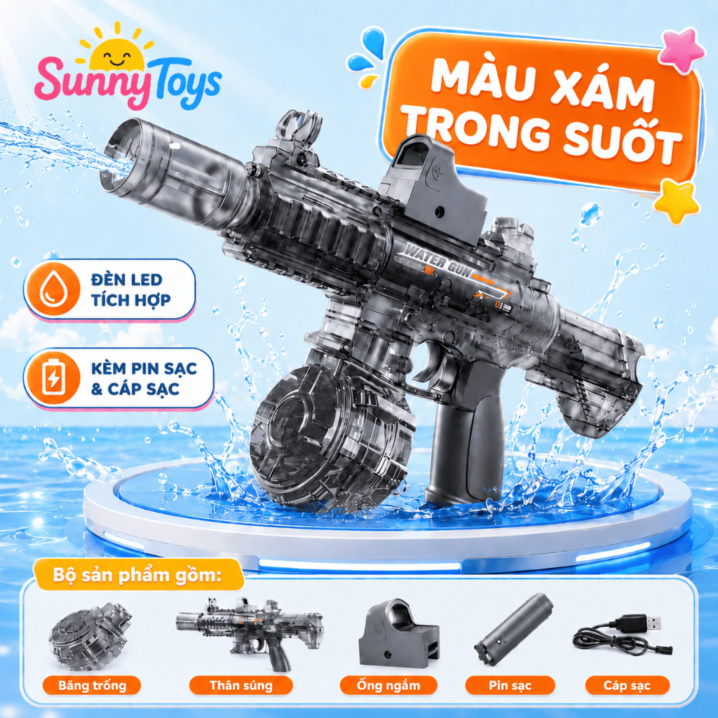 Phun Nước Điện M416 Trong Suốt SunnyToys- Có Đèn LED Tặng Sạc USB Cho Bé Chơi Hè Nhập Vai