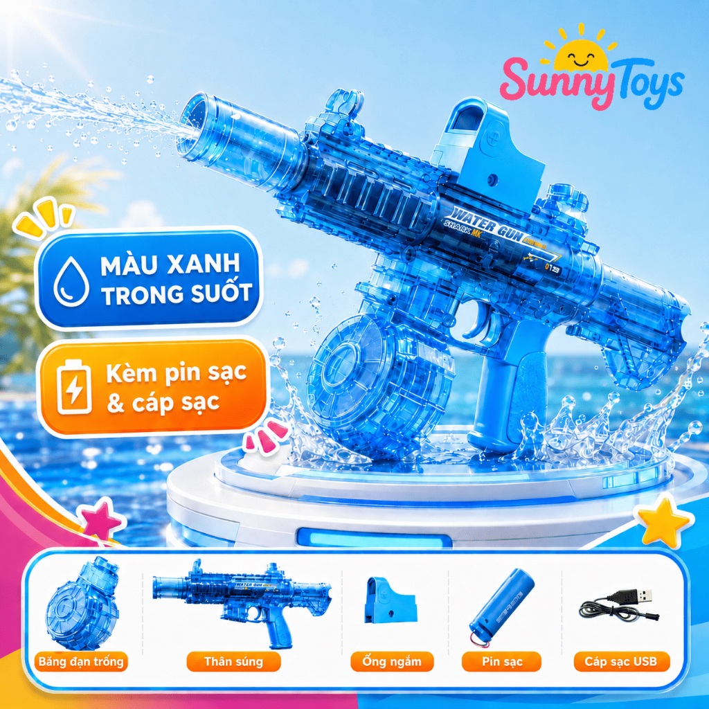 Phun Nước Điện M416 Trong Suốt SunnyToys- Có Đèn LED Tặng Sạc USB Cho Bé Chơi Hè Nhập Vai