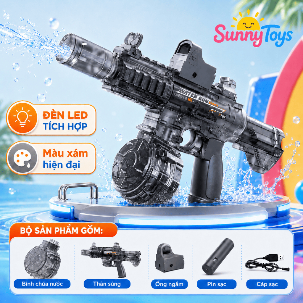 Phun Nước Điện M416 Trong Suốt SunnyToys- Có Đèn LED Tặng Sạc USB Cho Bé Chơi Hè Nhập Vai