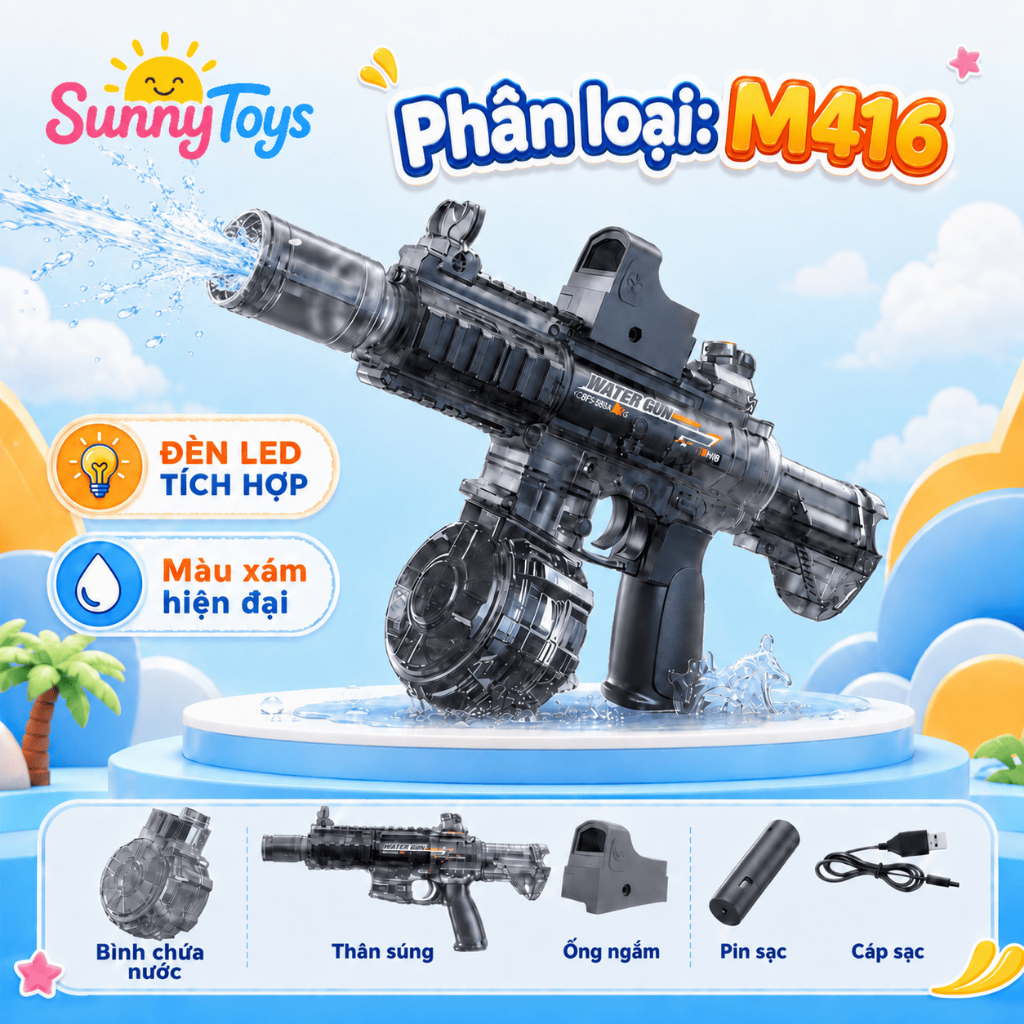 Phun Nước Điện M416 Trong Suốt SunnyToys- Có Đèn LED Tặng Sạc USB Cho Bé Chơi Hè Nhập Vai