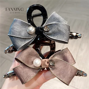 Kẹp tóc càng cua cao cấp Fanxing NV07 nơ vải lụa satin ánh kim đính ngọc phối đá pha lê sang trọng