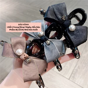 Kẹp tóc càng cua cao cấp NV07 nơ vải lụa satin ánh kim đính ngọc phối đá pha lê sang trọng