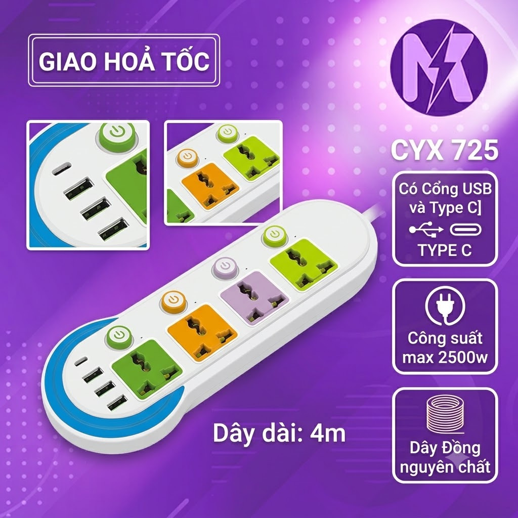 Ổ Cắm Điện Đa Năng CYX USB Type C Tự Ngắt An Toàn 2500W Dây Dài 3M 4M 5M Nhiều Ổ Cắm