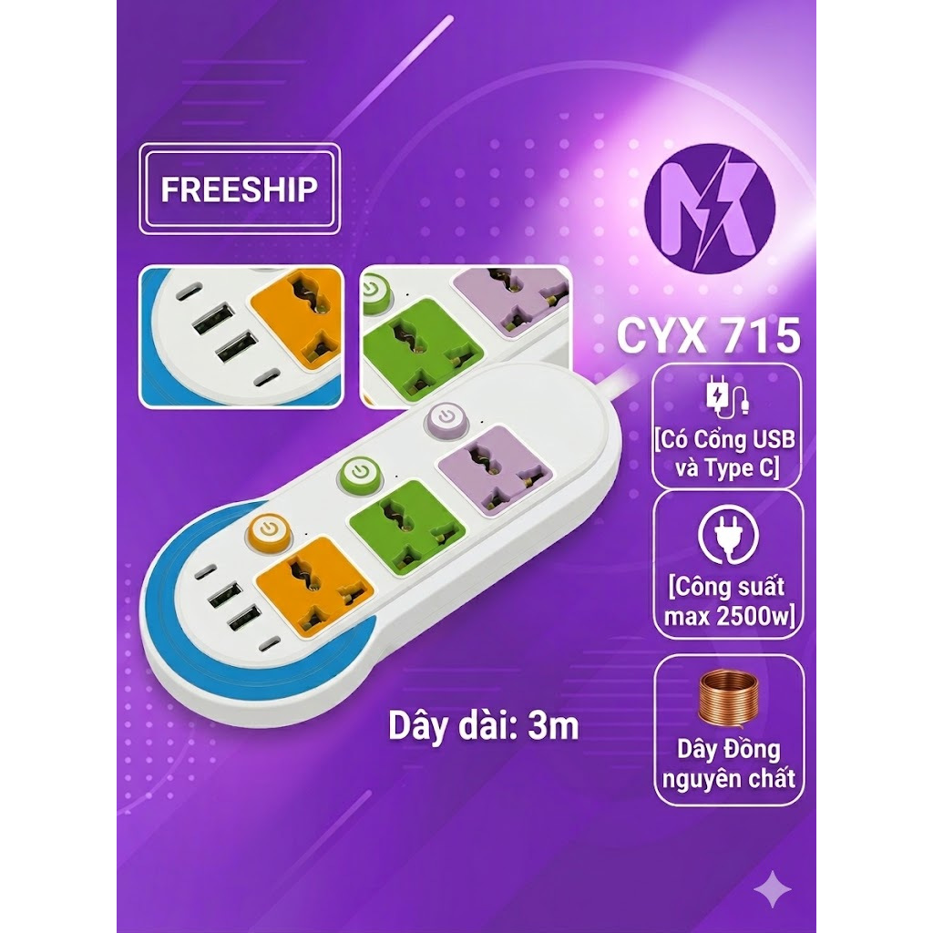 Ổ Cắm Điện Đa Năng CYX USB Type C Tự Ngắt An Toàn 2500W Dây Dài 3M 4M 5M Nhiều Ổ Cắm